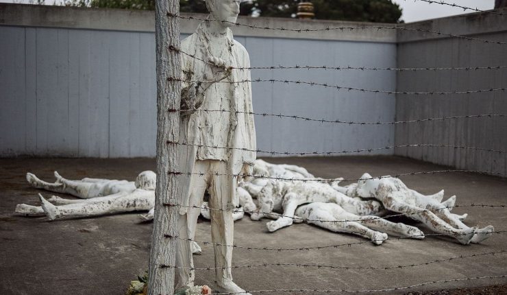 A Holocaust memorial in San Francisco, California. It was created by artist George Segal out of white painted bronze.