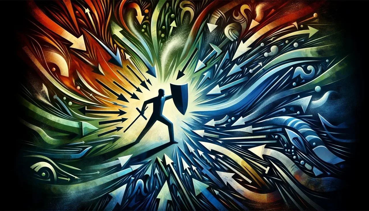 An image featuring a human figure in the center, symbolizing resilience and defense. The figure is using a shield to protect against various abstract forms representing challenges or aggressors, depicted as arrows, waves, and shapes converging towards them. The figure appears determined, amidst a background blending vibrant and dark colors, highlighting the contrast between struggle and strength.